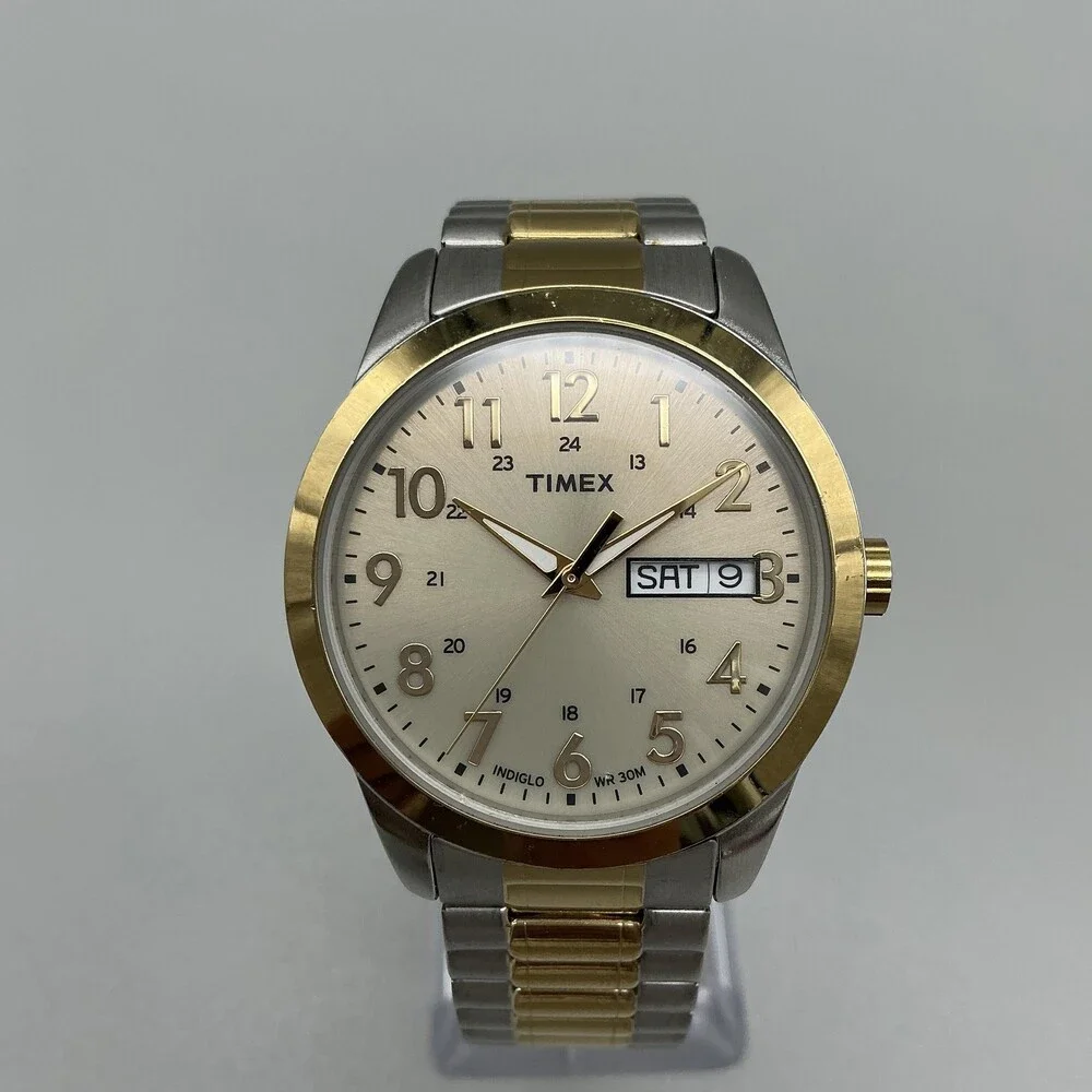 Timex T4M935 Men Watch 36mm Champagne Dial Two Tone Indiglo Day Date New Battery